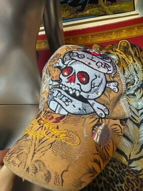 Ed Hardy Brown Skull Patch Trucker Hat with Red Accents